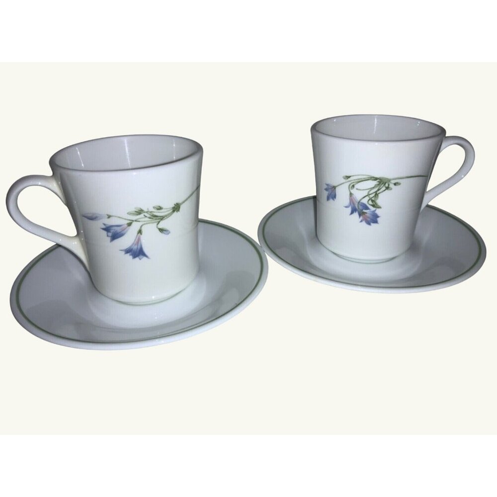 Corelle by Corning Blue Dusk Flat Two Cups & Saucers Blue Flowers Green Band